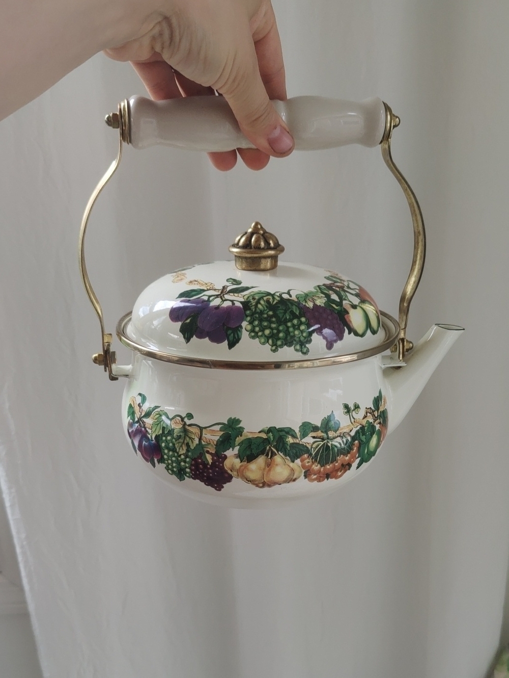 Vintage MCm Fruit Motif Teapot Kettle Brass Handle Y2k Retro Antique Cottagecore